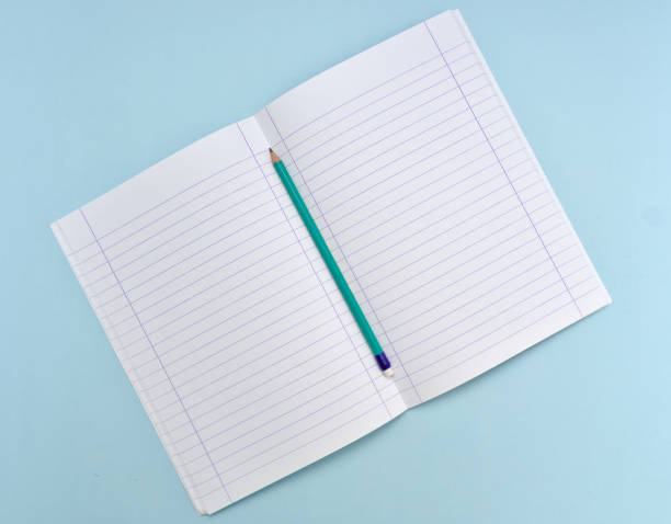 istock Isolated open blank  notebook with lined papers and green pencil on light blue background. 1160305829