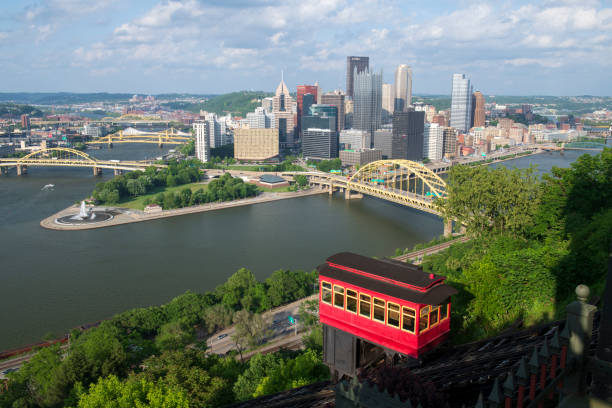 Pittsburgh, USA - May 23, 2019. Skyline of Pittsburgh with cable car seen from Duquesne Incline Overlook at Mount Washington, Pittsburgh, Pennsylvania.