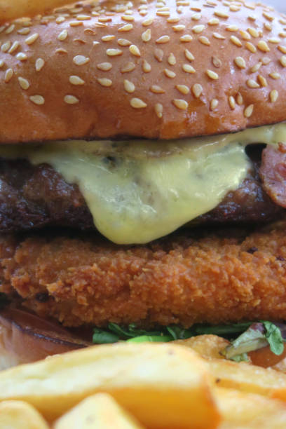 istock Image of gourmet beefburger / hamburger in burger bun with sesame seeds, melted cheese, bacon rasher, deep-fried halloumi cheese in breadcrumbs, lettuce and battered onion rings, served with French fries, crispy chunky chips pub grub food in beer garden 1160312986