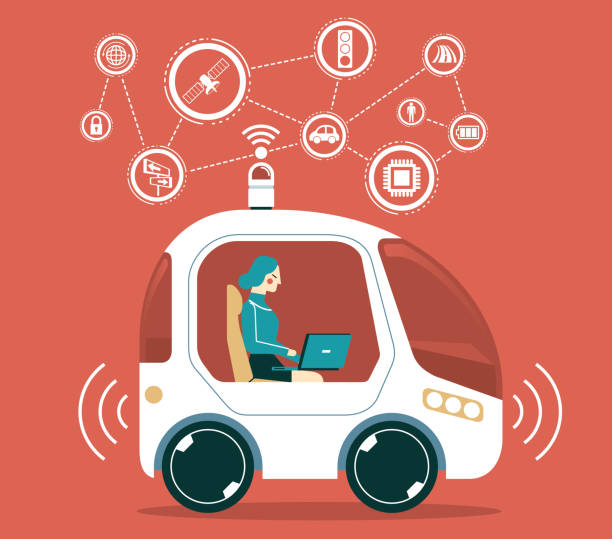 Autonomous car - Businesswoman Autonomous Driverless Car With A Passenger In the Seat autonomous vehicles stock illustrations