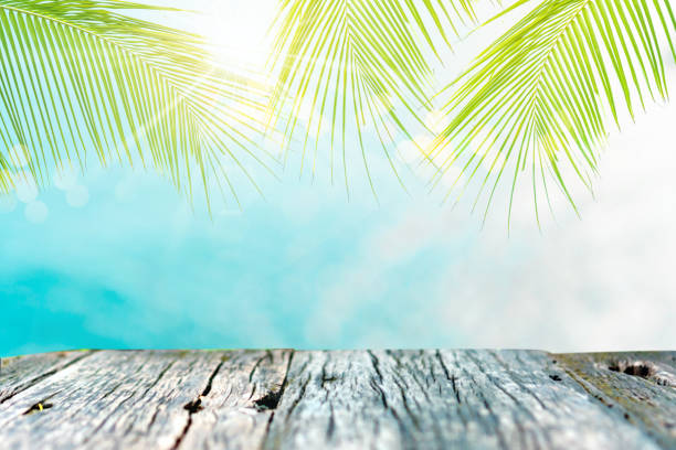 istock Selective focus of old wood table with blur beautiful beach background for display your product. 1160316440