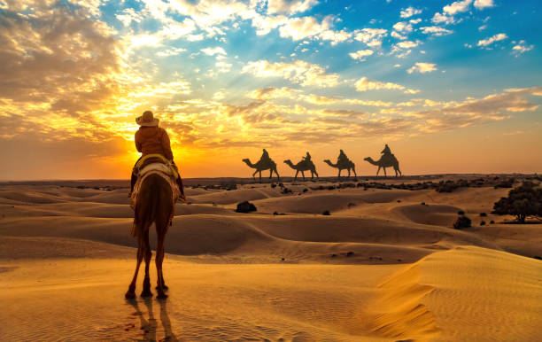 観光客はラクダのキャラバンの景色を眺めながら夕日にタール砂漠ジャイサルマーラジャスタンでラクダに乗って楽しむ - india rajasthan thar desert travel ストックフォトと画像