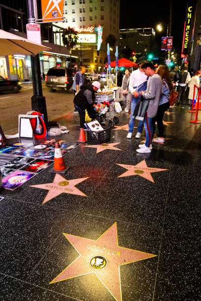 hollywood hollywood boulevard los angeles walk of fame at night - architecture travel destinations vertical outdoors imagens e fotografias de stock