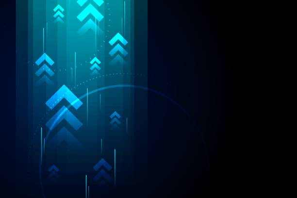 istock Up arrows and light on blue background illustration, copy space composition, business growth concept. 1160325971