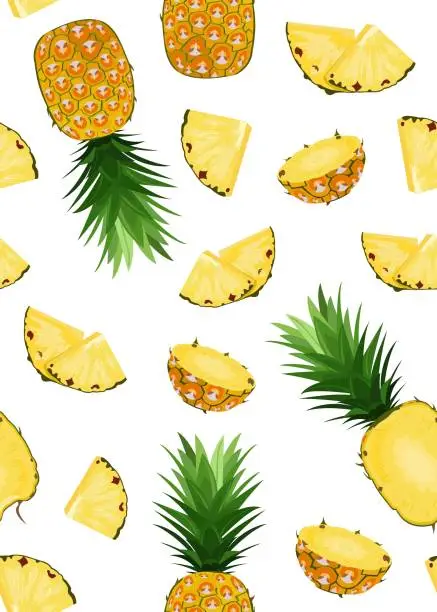 Vector illustration of Pineapple fruits and slice seamless pattern on white background. Summer background. Ananas fruits vector illustration.