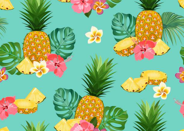 Pineapple seamless pattern whole and slice with tropical flower and leaves on green background. Summer background. Ananas fruits vector illustration. Pineapple seamless pattern whole and slice with tropical flower and leaves on green background. Summer background. Ananas fruits vector illustration. ananas stock illustrations