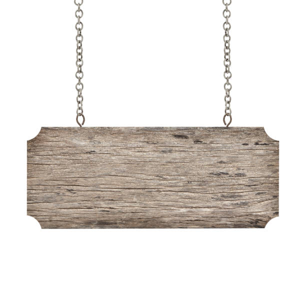 istock Wooden sign with chain isolated on white 1160331696