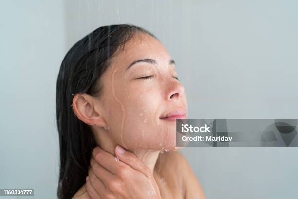 Shower Woman Showering Relaxing Washing Face Stock Photo - Download Image Now - Shower, Bathtub, Women
