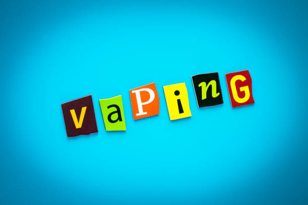 istock Text - vaping from colorful letters on blue background. Single word on banner. Headline, card with inscription. Message on poster. 1160335113
