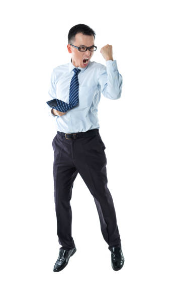 istock Cheerful businessman jumping on white background 1160336064