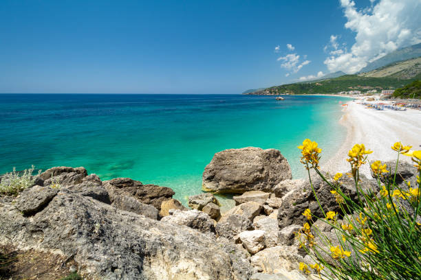 crystal clear water on Livadhi Beach in Himare on albanian riviera, Albania amazing paradise beach in Himare in Albania albania stock pictures, royalty-free photos & images