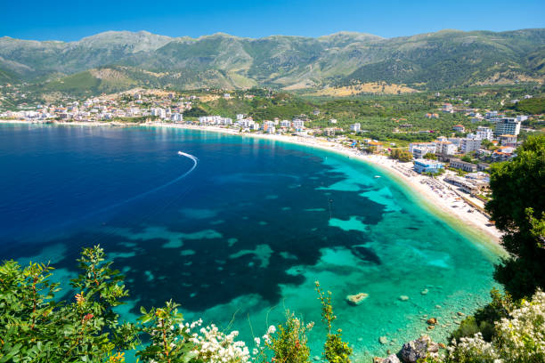 beautiful view on Himare on albanian riviera, Albania Amazing paradise beach in Himare in Albania albania stock pictures, royalty-free photos & images