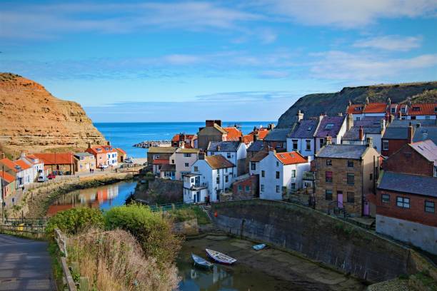 Reflections in Staithes, Harbour, North Yorkshire stock photo