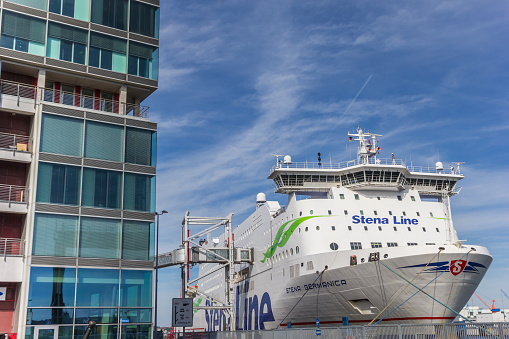 Kiel, Germany - June 24, 2019: Large cruiseship at the quay in Kiel, Germany