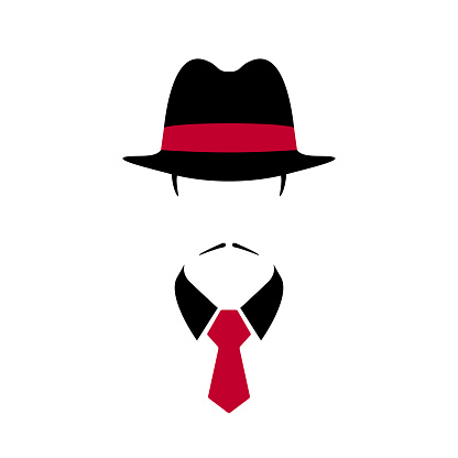 Portrait of Italian man in black vintage hat and red tie. Vector illustration.