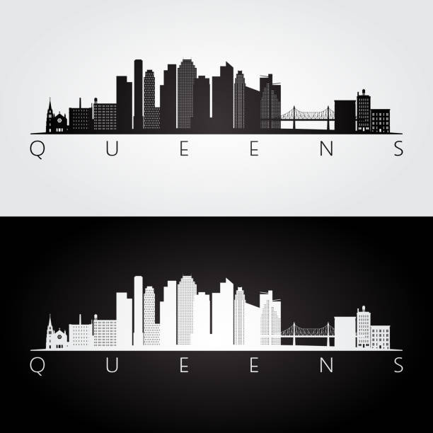 queens, new york usa skyline und sehenswürdigkeiten silhouette, schwarz und weiß design, vektor-illustration. - queens stock-grafiken, -clipart, -cartoons und -symbole