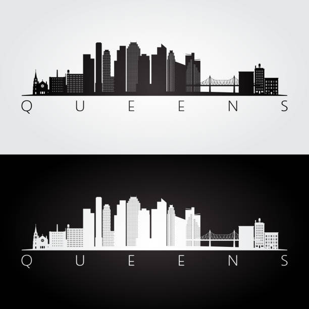 illustrazioni stock, clip art, cartoni animati e icone di tendenza di queens, skyline e punti di riferimento di new york, design in bianco e nero, illustrazione vettoriale. - queens