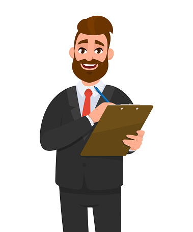 Young businessman wearing a suit holding clipboard (report, checklist, document) and writing with pen. Person keeping the file pad in hand. Male character design. Modern lifestyle concept in cartoon.