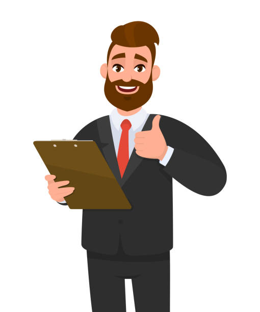 ilustrações de stock, clip art, desenhos animados e ícones de happy young business man wearing a suit holding clipboard and making or showing thumbs up gesture or sign. person keeping the file pad in hand. male character design illustration. modern lifestyle. - hand sign index finger human finger human thumb