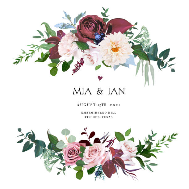 Floral pastel style border Desert cinnamon, brown, dusty pink and creamy roses, dahlia, burgundy anthurium flowers, juniper, eucalyptus, greenery, astilbe vector design wedding bouquets. Floral pastel style border. Isolated. fall flower bouquet stock illustrations