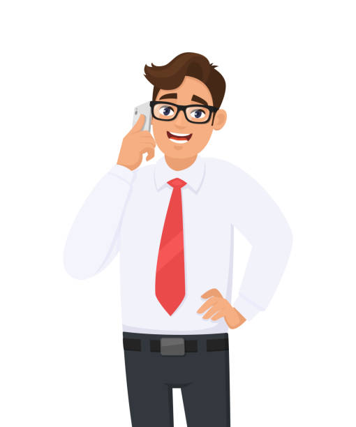 Young Man Speaking Or Talking On The Mobile Cell Smart Phone While Holding  Hand On Hip Male Character Wearing Formal Red Colour Tie Modern Lifestyle  Digital Technology Device Gadget In Cartoon Stock