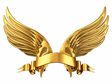 Gold Wings with Ribbon. Isolated. 3D render.