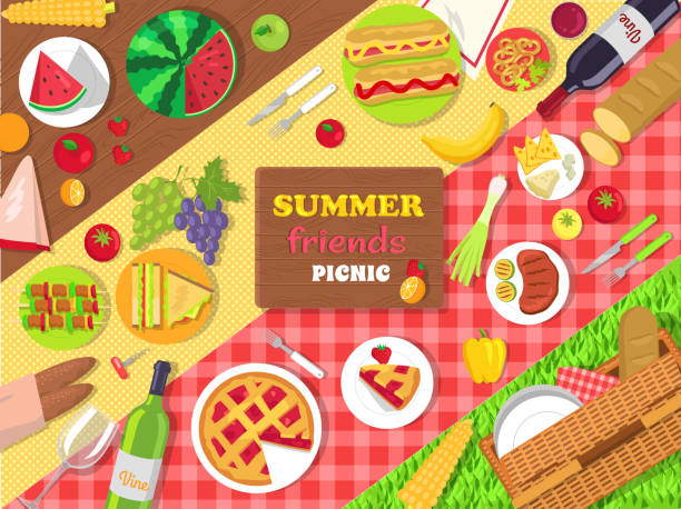 Summer Friends Picnic Poster with Delicious Food Summer friends picnic poster with delicious food. Hot cherry pie, tasty sandwiches, roasted meet, fresh hot dogs and juicy fruits vector illustration. apple pie cheese stock illustrations