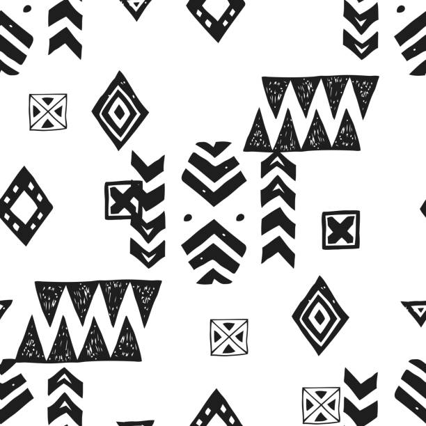 ilustraciones, imágenes clip art, dibujos animados e iconos de stock de patrón étnico sin costuras. fondo monocromo abstracto vectorial tribal - dibujos aztecas