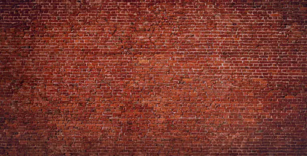 Brick Wall Background. Abstract Urban Vintage Brick Texture. Wide Angle Web banner of Old Red Brick With Copy Space for design.