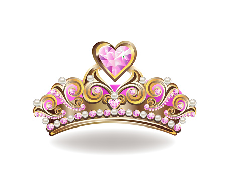 Beautiful golden princess crown with pearls and pink jewels. Vector illustration on white background.