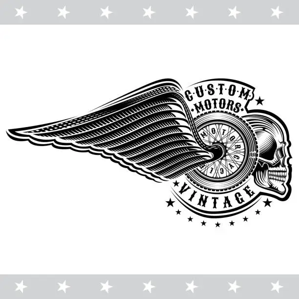 Vector illustration of Motorbike wheel in side view with skulls and wing. Vintage motorcycle design isolated on white