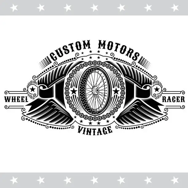 Vector illustration of Motorbike wheel side view in center of chain between two pair of wings and ribbons. Vintage motorcycle design isolated on white