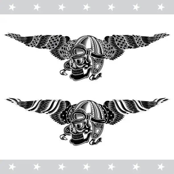 Vector illustration of Monochrome illustration of skull with vintage motorcycle or aviator hat between wings with race and USA flag isolated on white