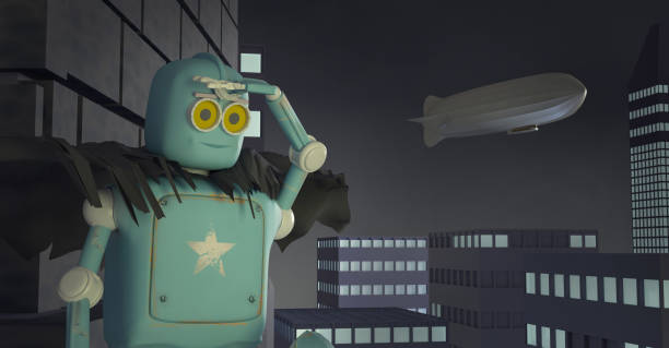 istock A superhero robot on a skyscraper looks at the city,airship,dirigible,3d ,render. 1160365742