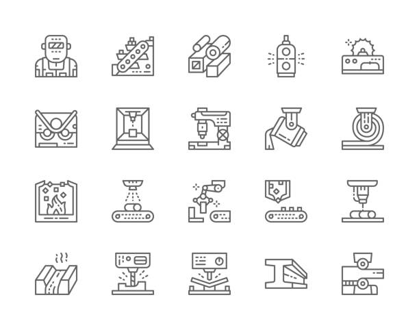 야금 산업 라인 아이콘의 집합입니다. 금속 절단 기계, 컨베이어, 광산 산업, 강관. - 금속공학 stock illustrations