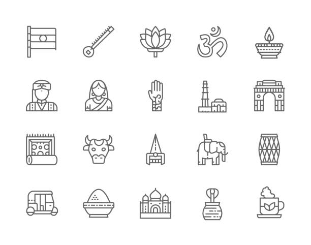 satz von indischen kultur linie icons. elefant, tuk tuk auto, cobra, grüner tee, sitar, lotus, mantra, öllampe. - cobra people india snake stock-grafiken, -clipart, -cartoons und -symbole