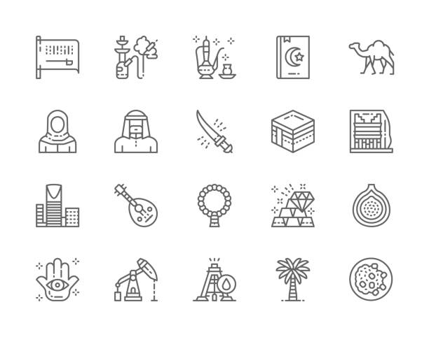 Set of Saudi Arabia And Arabic Culture Line Icons. Hookah, Arabian Tea, Holy Book, Camel, Mecca. Set of Saudi Arabia And Arabic Culture Line Icons. Hookah, Arabian Tea, Holy Book, Camel, Mecca, Skyscraper, Exotic Fruit, Oil Rig, Palm Tree and more. fruit of islam stock illustrations