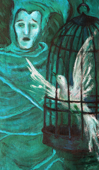 Fashionable illustration modern art work allegory my original oil painting on canvas fantasy portrait impressionism jester singing with a bird in a cage on a night blue background