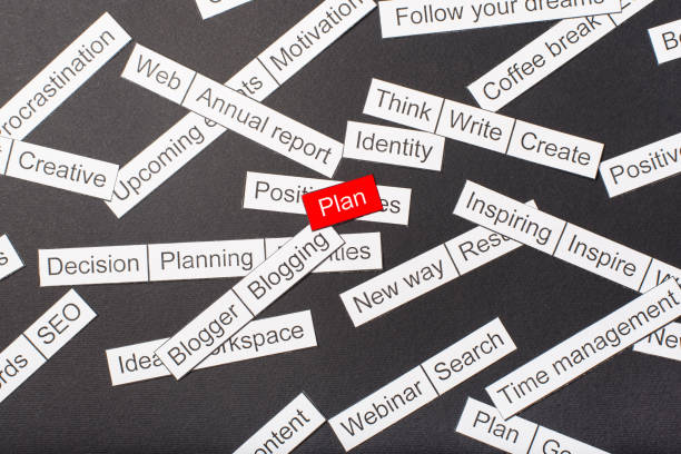 istock Cut paper inscription plan on a red background, surrounded by other inscriptions on a dark background. Word cloud concept. 1160374341