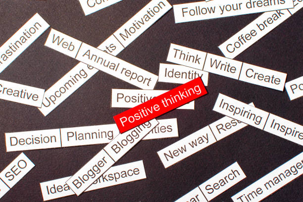 istock Cut paper inscription positive thinking on a red background, surrounded by other inscriptions on a dark background. Word cloud concept. 1160374342