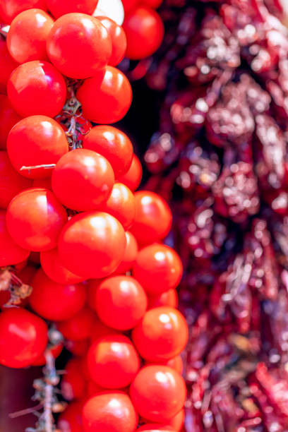 istock Hanging bundle of fresh and dried tomatoes. Bright colours, selective focus, bokeh. 1160377420