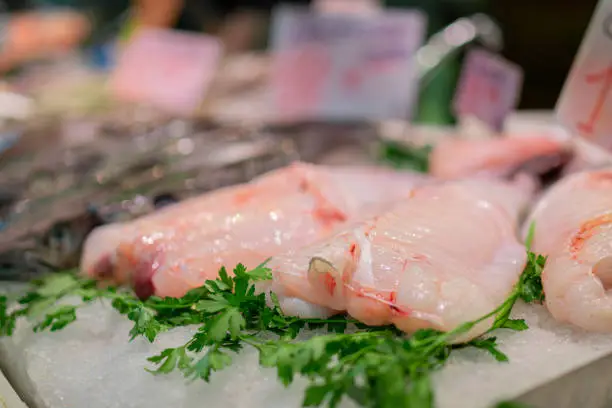 Fresh Monkfishon on the counter of the fish market. Rana Pescatrice, Coda di rospo. Selective focus.