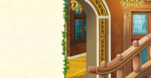 istock cartoon scene with old traditional castle hall or chamber - with frame and space for text 1160377958