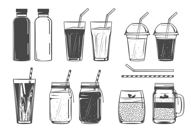 Smoothie, fresh juice, chia pudding icons vector art illustration