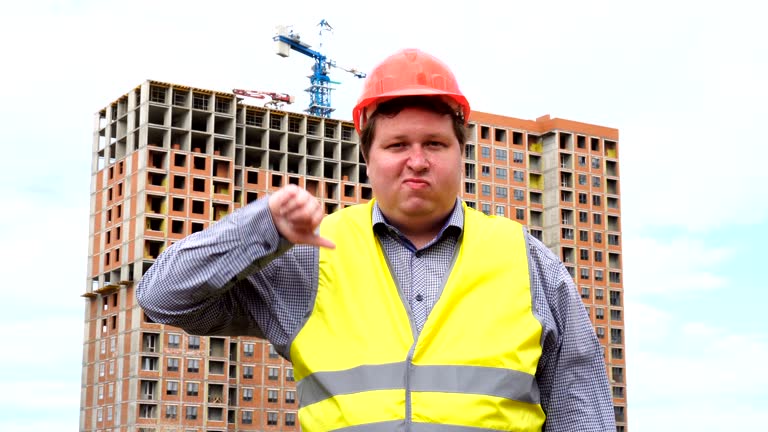 Male builder foreman, worker or architect on construction building site showing thumb down and looking to camera