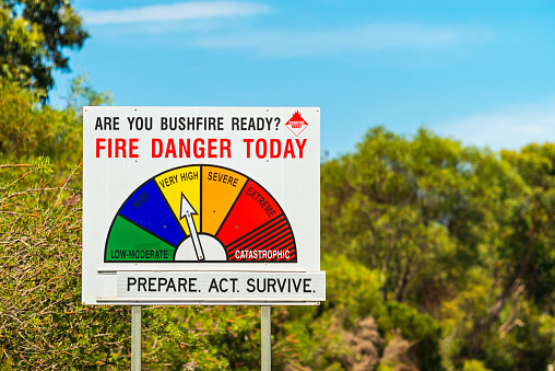 Fire Danger Status and bush fire ready sign showing very high level