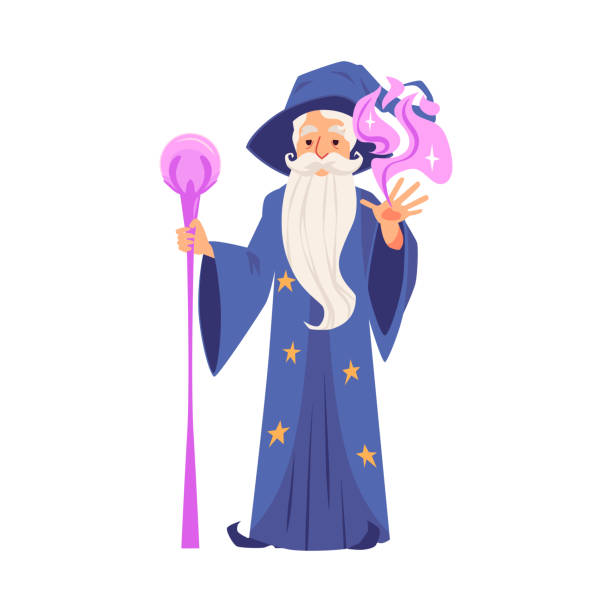 Wizard or magician creates magic flat vector illustration isolated on white. Fantasy wizard or bearded magician cartoon character in magic hat and robe creates magic or conjures flat cartoon vector illustration isolated on white background. merlin the wizard stock illustrations