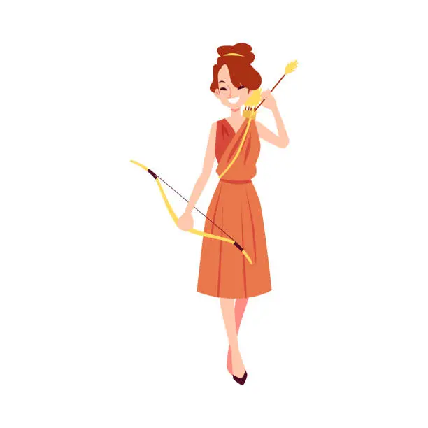 Vector illustration of Woman or Artemis Greek Goddess stands holding bow and arrow cartoon style