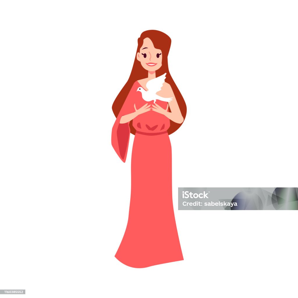 Woman Or Aphrodite Greek Goddess Stands Holding White Dove Cartoon Style  Stock Illustration - Download Image Now - iStock