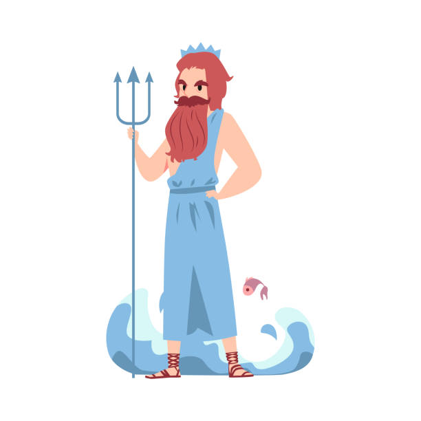 남자 또는 포세이돈 그리스 신은 삼지창과 물파 만�화 스타일을 들고 서 - neptune trident cartoon beard stock illustrations